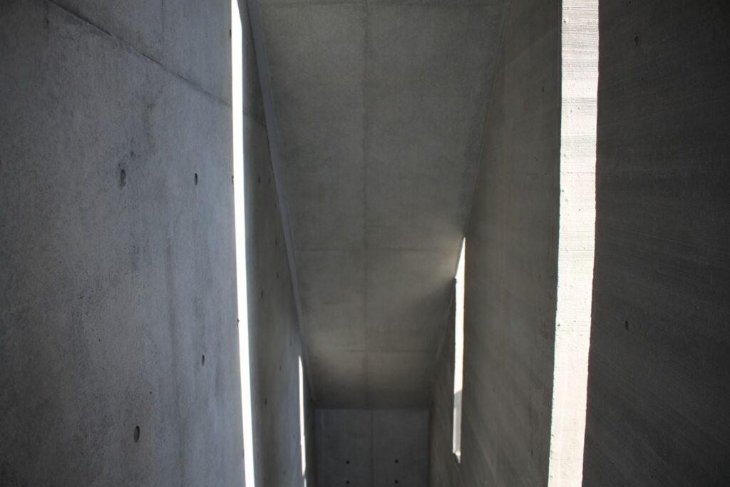 自然光が差し込む打ち放しコンクリート空間。Exposed concrete interior restoration in Japan with refined surface finishing.